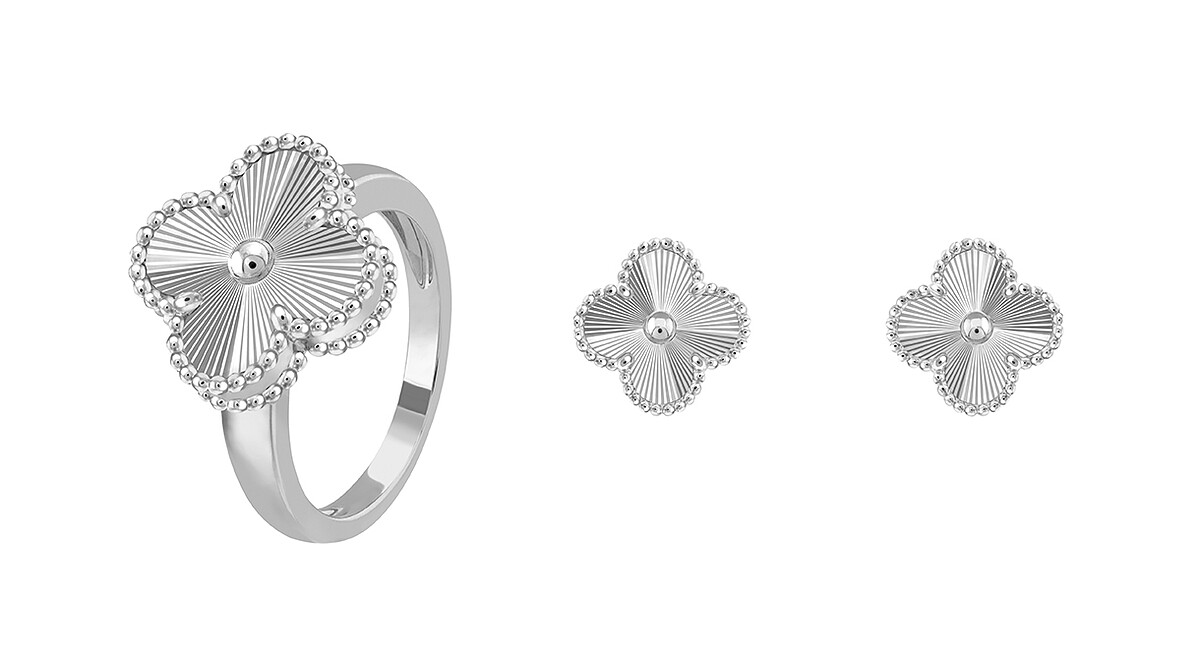 Vintage Alhambra戒指，白K金，璣鏤雕花；Vintage Alhambra耳環，白K金，璣鏤雕花。