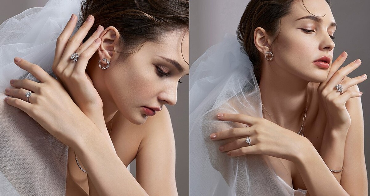 Aerial Marquis Wrap白K金鑽石耳環、Aerial Dewdrop白K金鑽石手鐲、Aerial Sunburst白K金鑽石戒指、Aerial Marquis Halo白K金鑽石戒指(主鑽約0.30ct)、Repertoire鉑金鑽石戒指(主鑽約1.00ct)、Aerial Dewdrop白K金鑽石項鍊(小型&中型)。