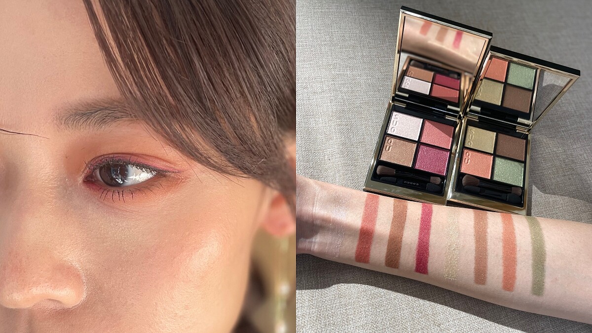 左：120 冬薔薇妝容、右：兩盤手部試色。