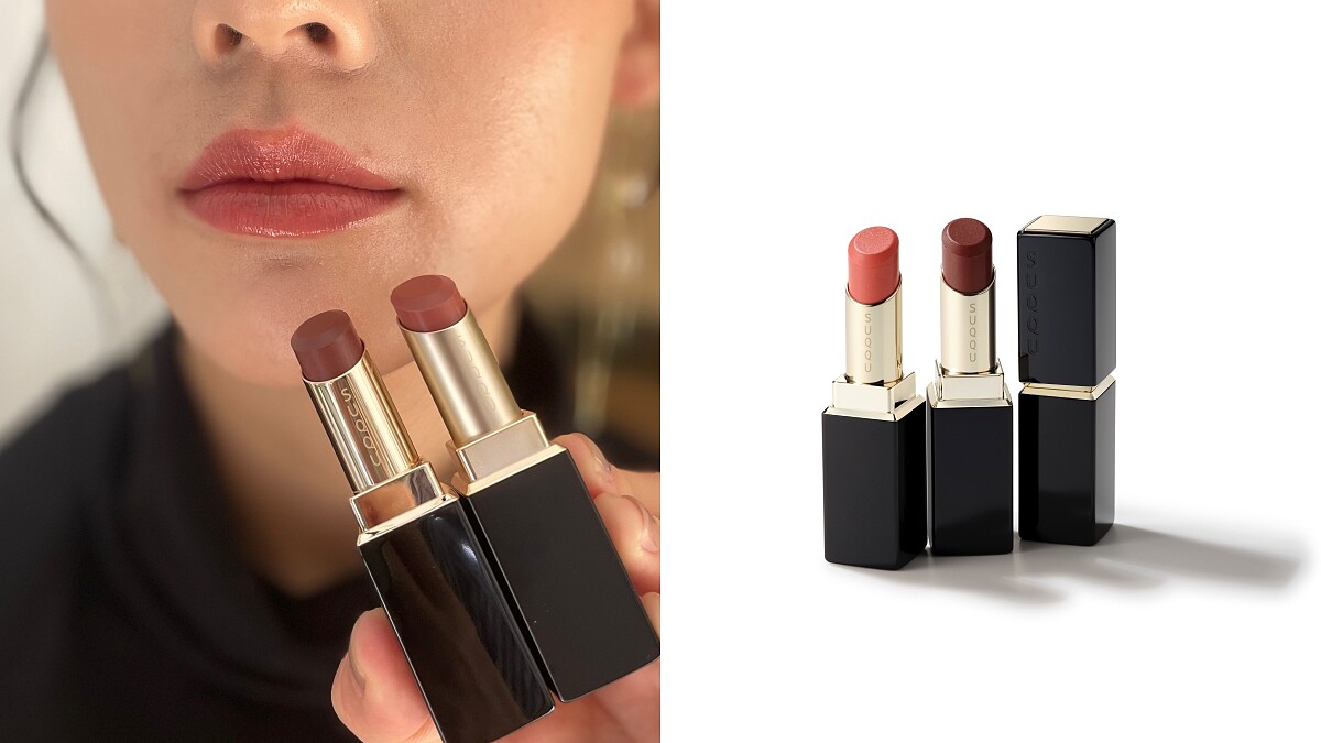 左圖：潤唇膏疊擦唇膏125、右圖：SUQQU晶采艷澤唇膏(左)#124花冷 (右)#125寂寥，各NT1,900