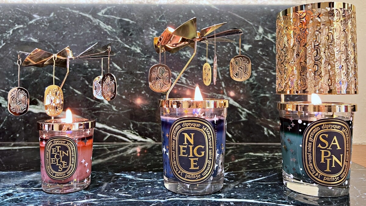 Diptyque 2022聖誕旋轉燭罩及漿果蠟燭190g，NT4,000、2022聖誕旋轉燭罩禮盒70g*2，NT4,650、2022聖誕燭光萬花筒，NT3,200