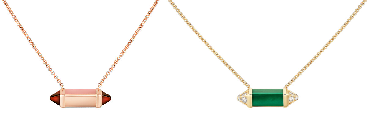 LES BERLINGOTS DE CARTIER項鍊，玫瑰金與粉紅色玉髓(左)。黃金與孔雀石(右)。