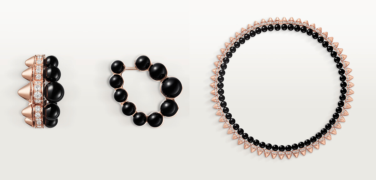 Clash de Cartier系列耳環，玫瑰金、縞瑪瑙、鑽石；Clash de Cartier系列項鍊，玫瑰金、縞瑪瑙、鑽石。