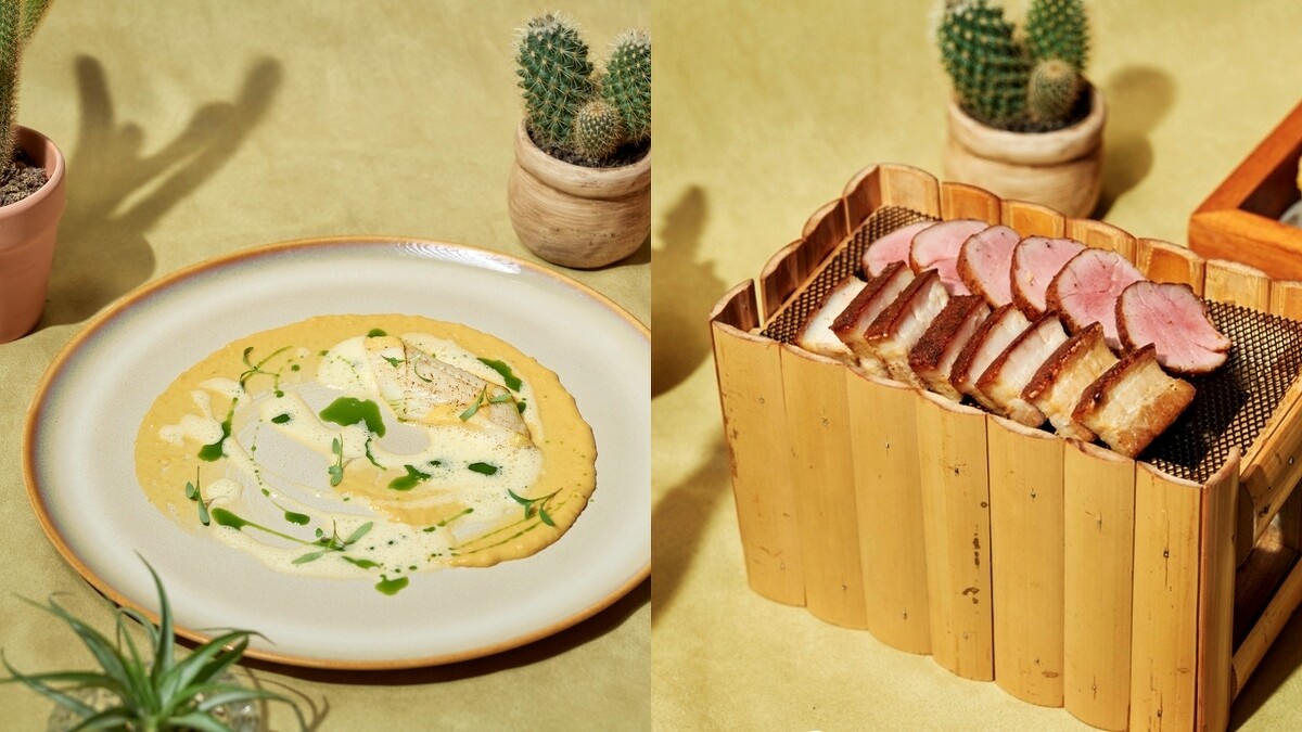 「比目魚-哈拉匹紐辣椒-玉米咖啡醬」、「脆皮豬五花-豬里肌」