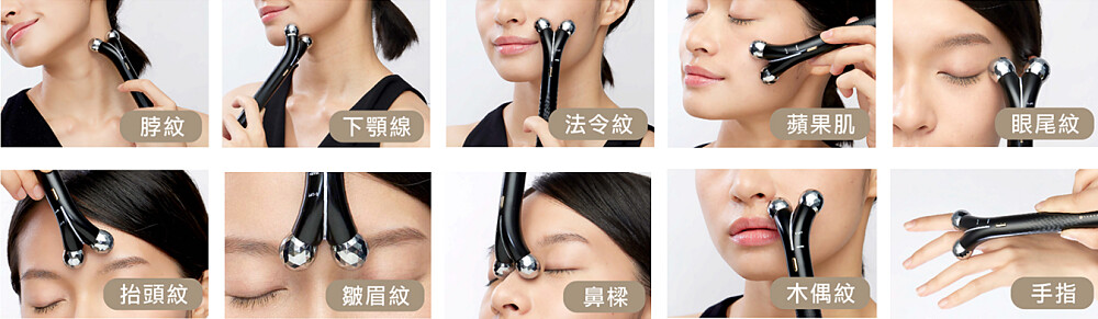 NUEVA「繃繃棒」6D超微電・溫感緊緻儀滾輪按摩部位示意。