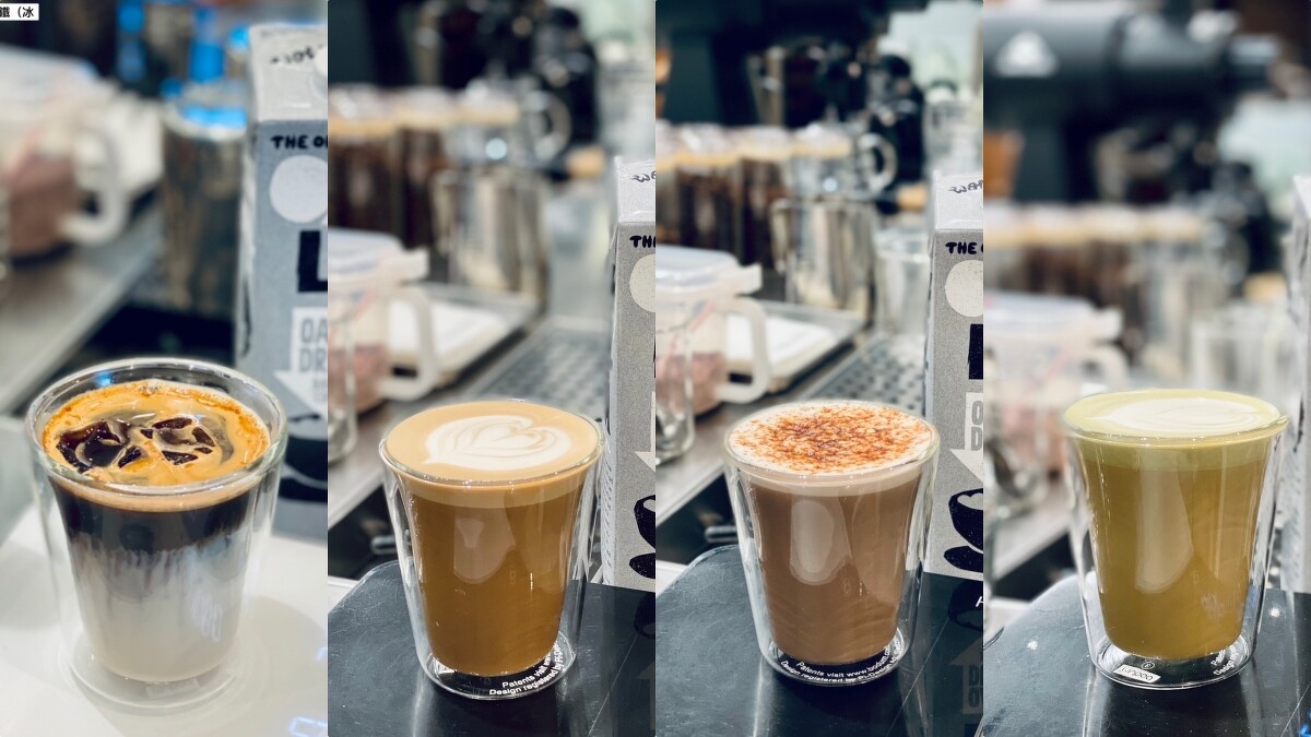 REC COFFEE(左起)冷萃燕麥奶、原味燕麥拿鐵、黑糖可可燕麥奶、抹茶燕麥拿鐵。