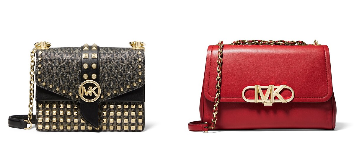 Greenwich黑色與金色老花拼接鍊帶包，NT18,800；新年限定Parker 紅色金屬飾側背包，NT25,500。