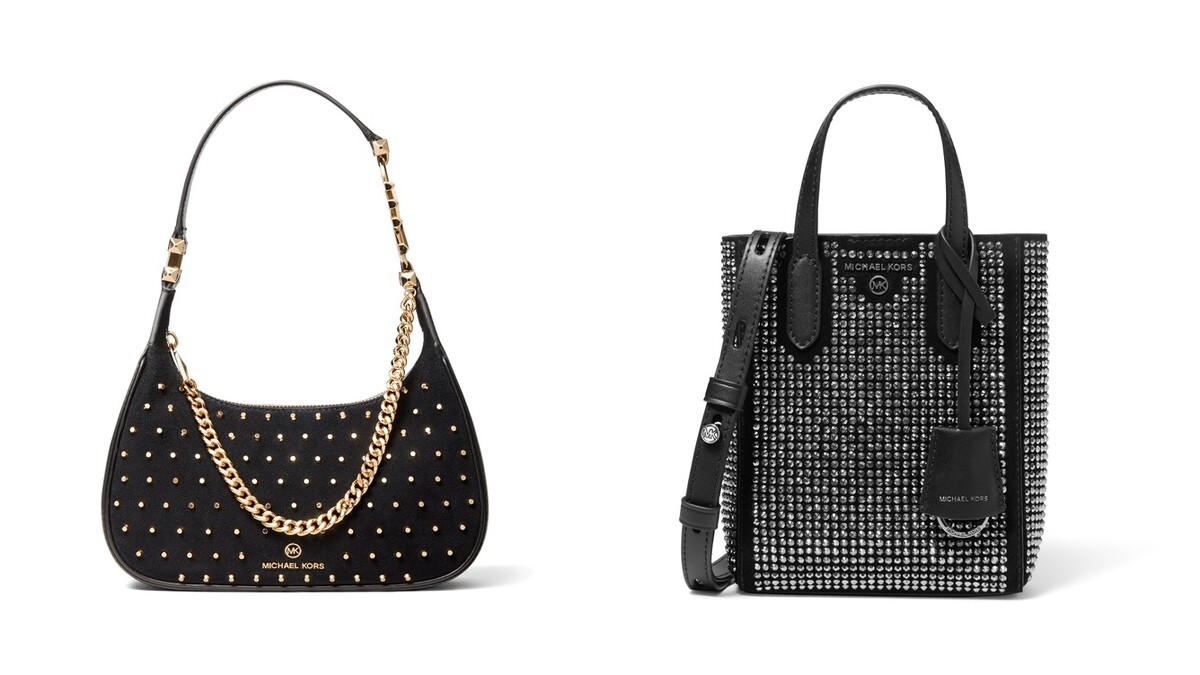 Piper 黑色絨面鉚釘腋下包，NT18,000；Sinclair黑色絨面與人造水晶托特包，NT14,100。