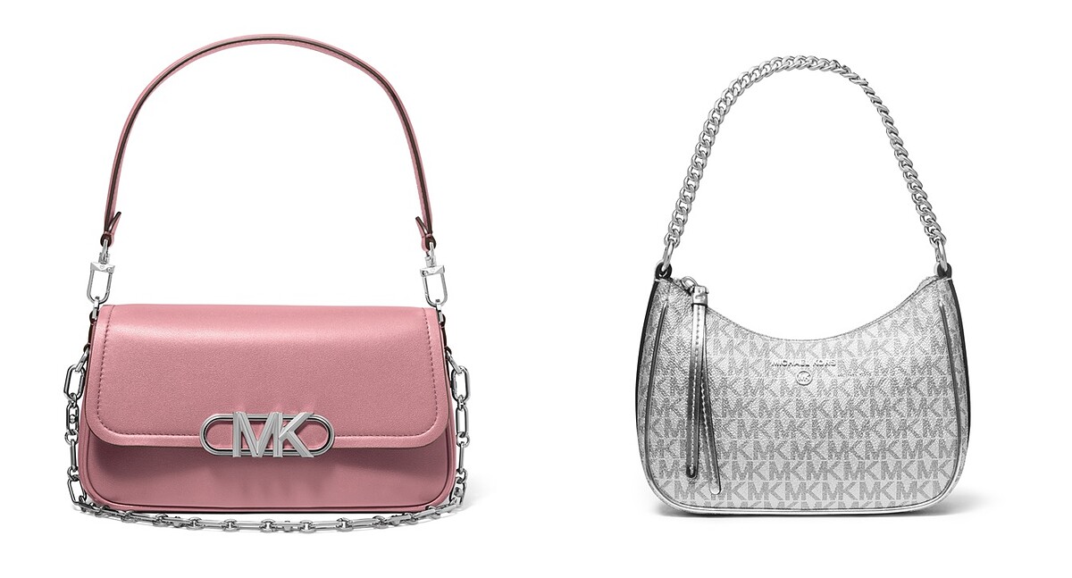 Parker 粉色金屬飾側背包，NT22,000；Jet set charm 銀色老花手拿包，NT10,900。