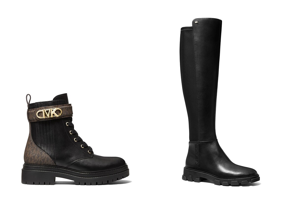 Parker黑色老花綁帶短靴，NT14,100；Ridley 黑色長靴，NT14,100。