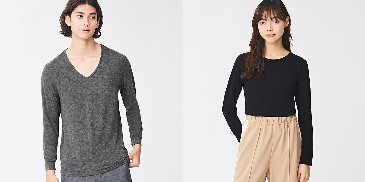 ▲GU「STYLE-HEAT保暖衣系列」指定單品現折$100元，「男裝STYLE-HEAT V領上衣」（圖左）優惠價$190元、「女裝STYLE-HEAT extra圓領上衣」（圖右）暖心價$290元。