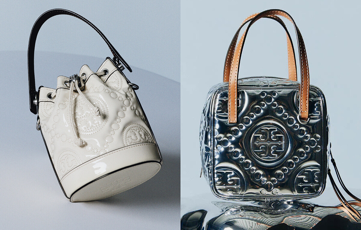 皓雪白漆皮浮雕T Monogram圖紋迷你水桶包 NTD 20,900 ;星河銀漆皮浮雕T Monogram圖紋方塊包 NTD 23,900