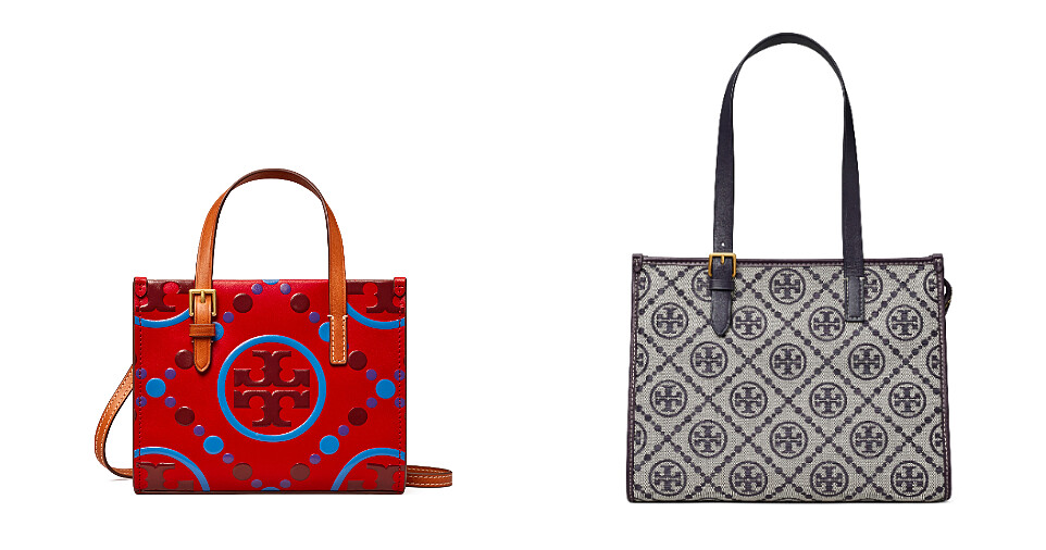 烈焰紅雙面壓印浮凸T Monogram 圖騰迷你托特包 NTD 19,900 ; 海軍藍T Monogram圖騰緹花托特包 NTD 23,900