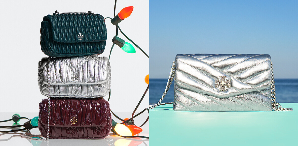 (上)墨綠菱格紋縫線Kira系列肩揹包 NTD 16,900、(中)銀色抓皺縫線Kira系列肩揹包NTD 16,900；銀色Kira系列斜紋縫線肩揹包 NTD 16,900