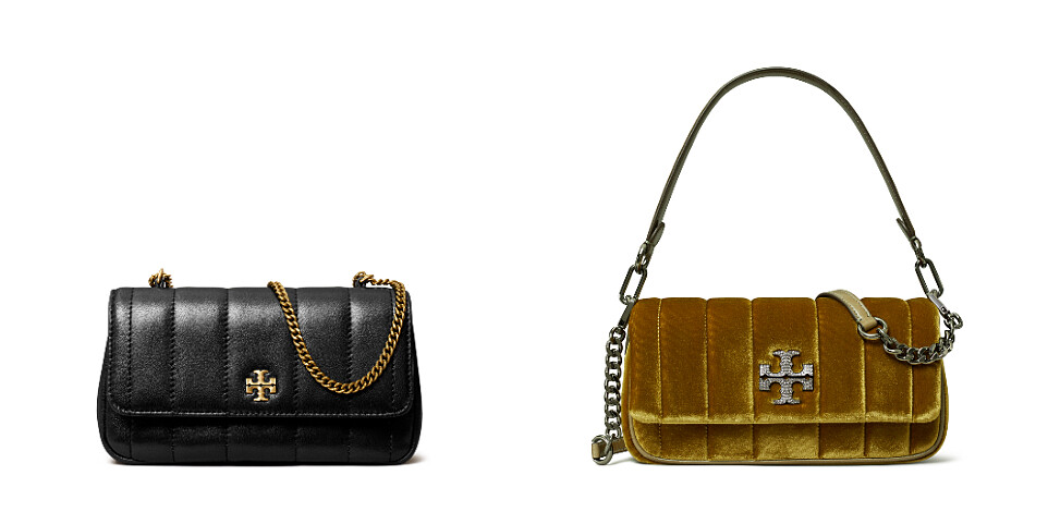 經典黑寬直紋Kira系列迷你肩揹包 NTD 12,900、橄欖綠金天鵝絨寬直紋Kira系列肩揹包 NTD 28,900。