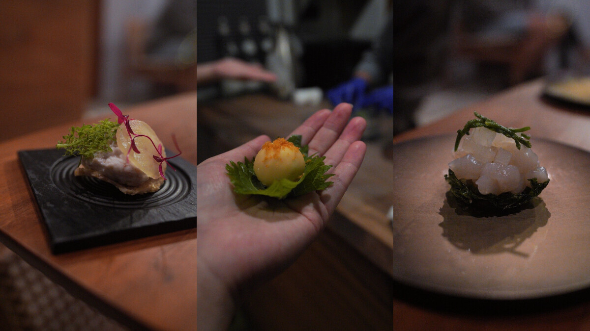 以海味開頭，首先強調季節與實驗的迎賓小點。