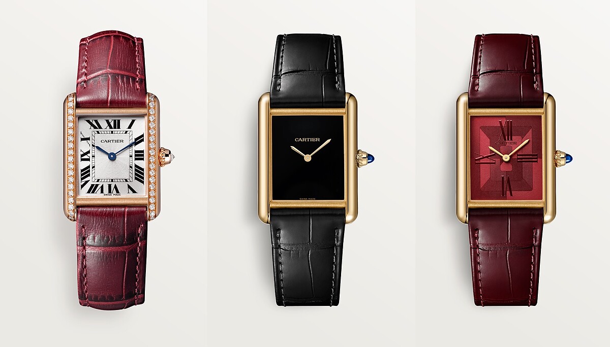 Tank Louis Cartier腕錶，手動上鍊機械機芯，玫瑰金，鑽石，皮革；Tank Louis Cartier腕錶，手動上鍊機械機芯，黃K金，皮革錶帶；Tank Louis Cartier腕錶，手動上鍊機械機芯，黃K金，皮革錶帶。