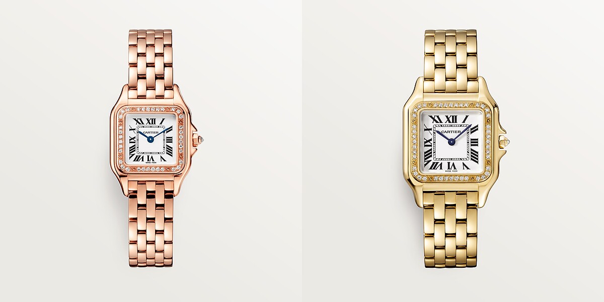 Panth&egrave;re De Cartier美洲豹腕錶，石英機芯，黃K金，鑽石；Panth&egrave;re De Cartier美洲豹腕錶，石英機芯，黃K金，鑽石。