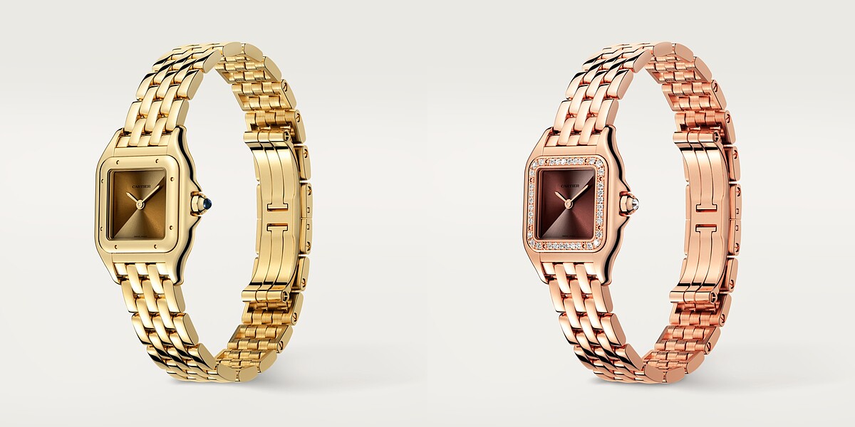 Panth&egrave;re De Cartier美洲豹腕錶，石英機芯，黃K金、金色和金棕色漸變色錶盤；Panth&egrave;re De Cartier美洲豹腕錶，石英機芯，玫瑰金，鑽石金莓紅色和棕色漸變色錶盤。