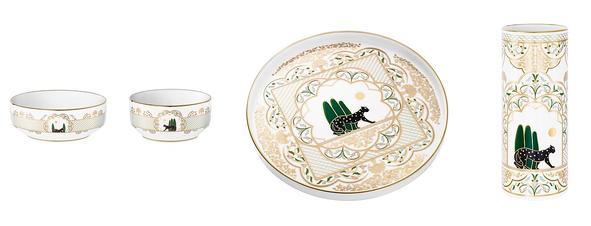 Panth&egrave;re de Cartier美洲豹碗，參考價格約NT$ 15,000；Panth&egrave;re de Cartier美洲豹圓形托盤，參考價格約NT$ 17,700；Panth&egrave;re de Cartier美洲豹花瓶，參考價格約NT$ 30,200