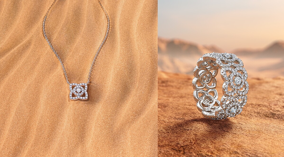 De Beers Enchanted Lotus珠寶系列經典18K白金吊墜項鍊及戒指