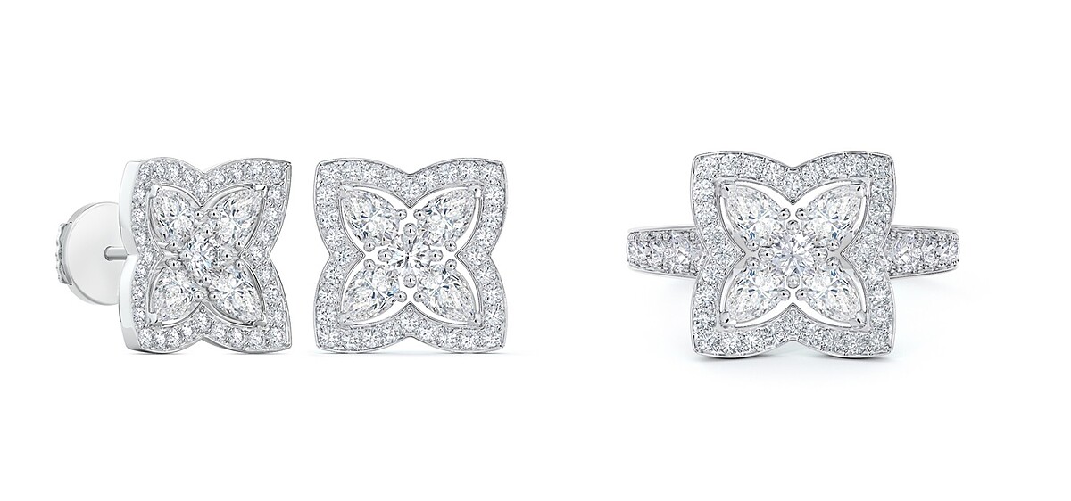 (左)全新Enchanted Lotus 18K白金鑽石戒指，鑽石總重約1.09克拉，售價約新台幣$ 284,000、（右）全新Enchanted Lotus 18K白金鑽石耳釘，鑽石總重約1.37克拉，售價約新台幣$ 327,000