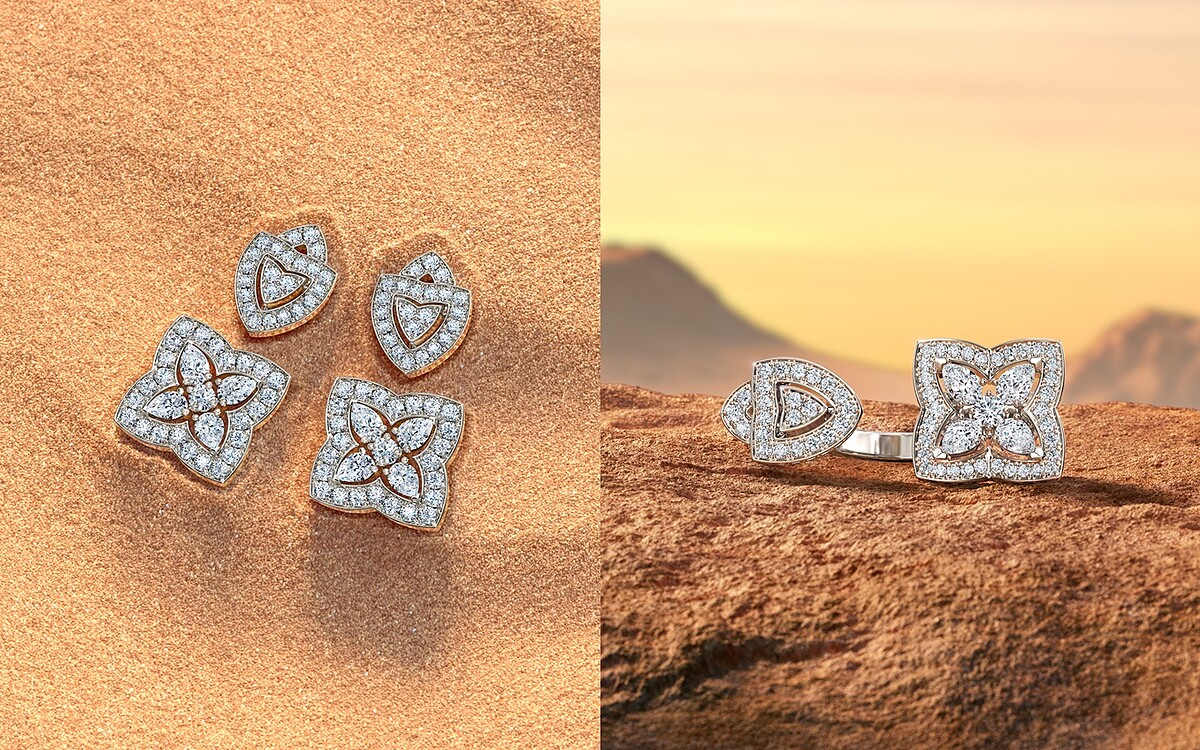 (左) 全新Enchanted Lotus 垂墜式鑽石耳環，鑽石總重約 3.40 克拉，售價約新台幣$ 895,000、（右）全新Enchanted Lotus 18K白金鑽石耳釘，鑽石總重約1.37克拉，售價約新台幣$ 327,000 