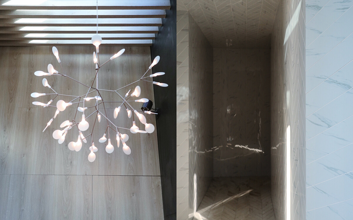 左為 moooi 一盞顯眼經典的 Heracleum III 花火枝葉吊燈，右為入口處。