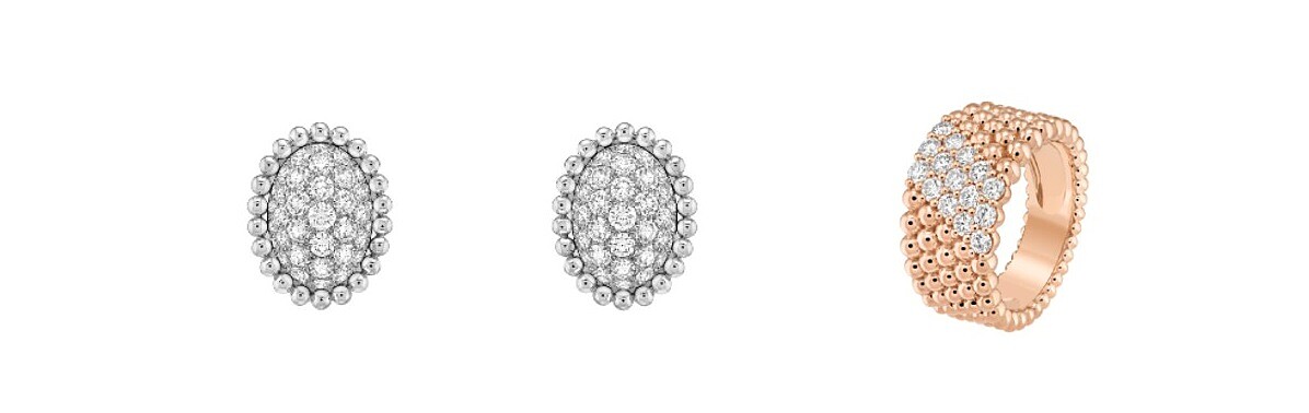 Perl&eacute;e diamonds白K金密鑲鑽石耳環、Perl&eacute;e couleurs 玫瑰金5排鑲鑽戒指。