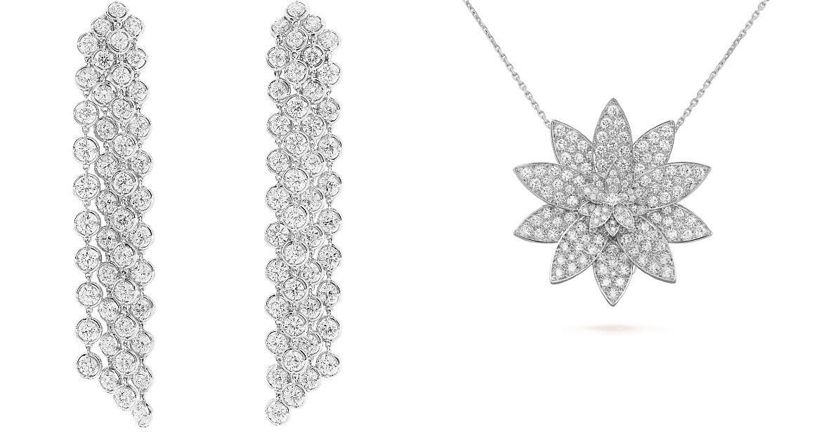 Palmyre系列白K金鑽石耳環、Lotus系列白K金鑽石項鍊。
