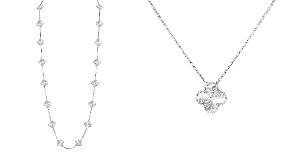 Vintage Alhambra長鍊，20枚幸運草圖騰，白K金，璣鏤雕花。Vintage Alhambra吊墜， 白K金，璣鏤雕花。