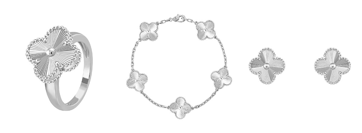 Vintage Alhambra戒指，白K金，璣鏤雕花。Vintage Alhambra手鍊，5枚幸運草圖騰，18K白K金，璣鏤雕花。Vintage Alhambra耳環，白K金，璣鏤雕花。