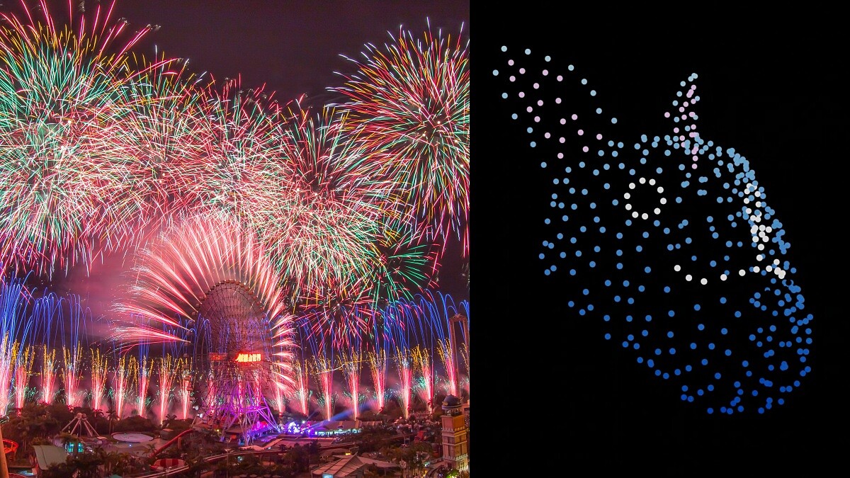 2023劍湖山跨年煙火長達13分14秒！400台無人機拼出「戽斗星球兔兔」，配漸變色彩摩天輪煙火震撼視覺