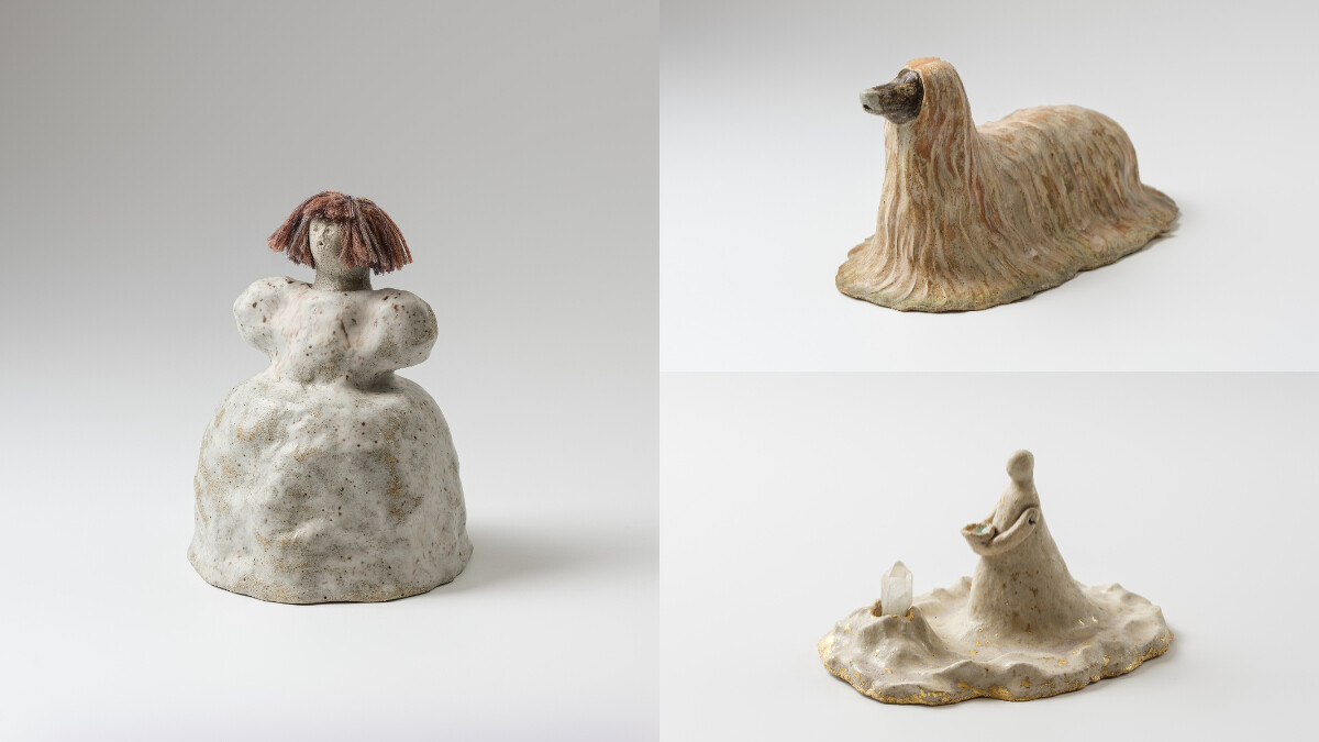 （左）GIRL IN A PUFF DRESS 暖暖 Glazed Ceramic ＆Yarns 11.5 x 11.5 x 15 cm 2022。（右上）DIVA LAGUNA 泥湖犬 Glazed Ceramic _ Gold Foil 22.5 x 13 x 11 cm2022。（右下）MICA RAIN PRAYER 白雨巫 Glazed Ceramic, Metal, Glass _ Crystal 19.5 x 14 x 12 cm 2022 