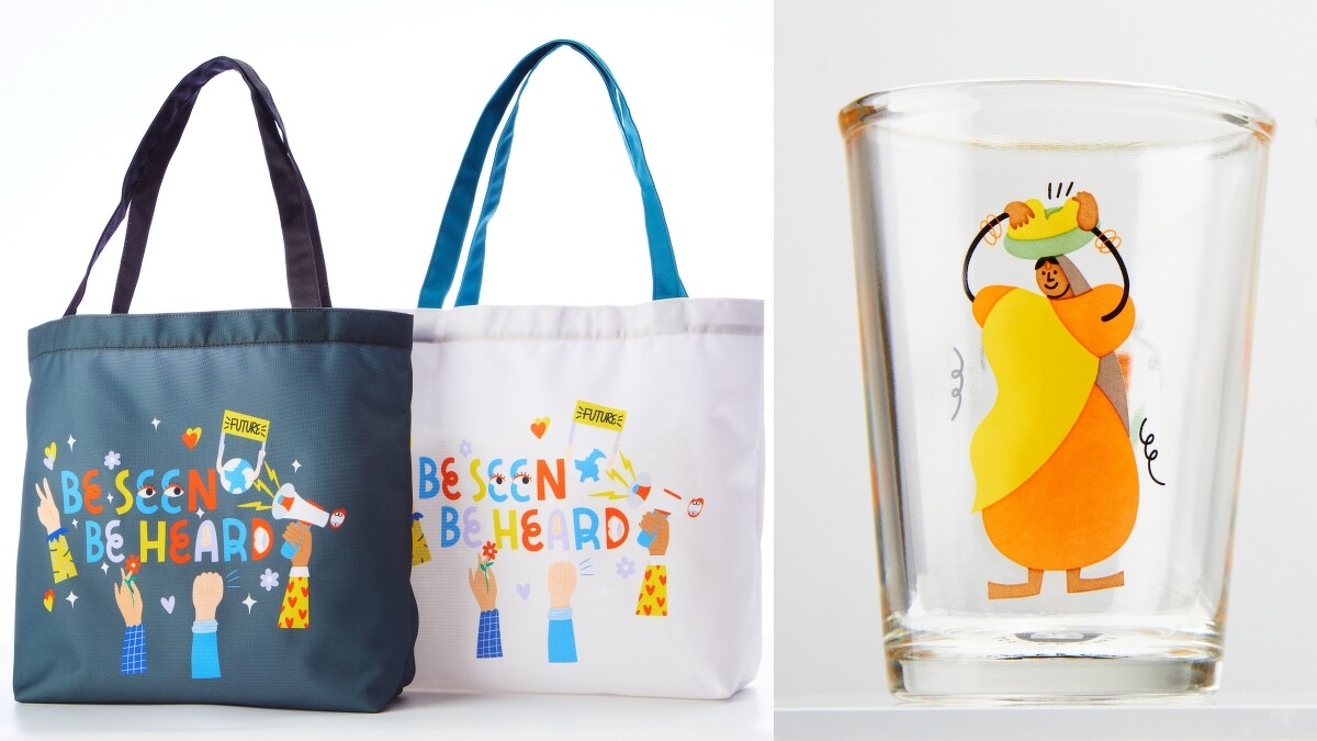 THE BODY SHOP利用回收空瓶重新設計成托特包。小托特包上以為新世代發聲的「Be Seen. Be Heard.」字母為主角，搭配代表溫柔、堅定和力量的手勢。由「春池玻璃」利用回收玻璃再製的製成玻璃酒杯，則用拼貼方式傳遞循環的環保意識。