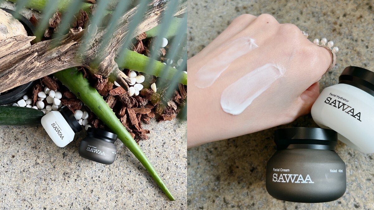 SAWAA蘊潤緊顏肌活修護霜、極光淡斑導白霜實品與質地。