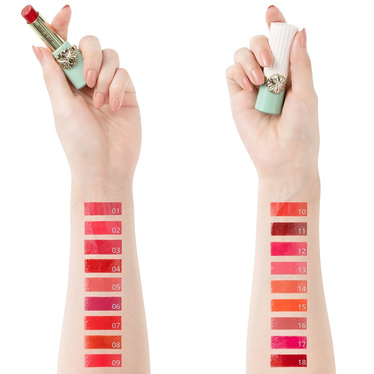 PAUL & JOE西洋菊高光持色唇膏18色手部試色。