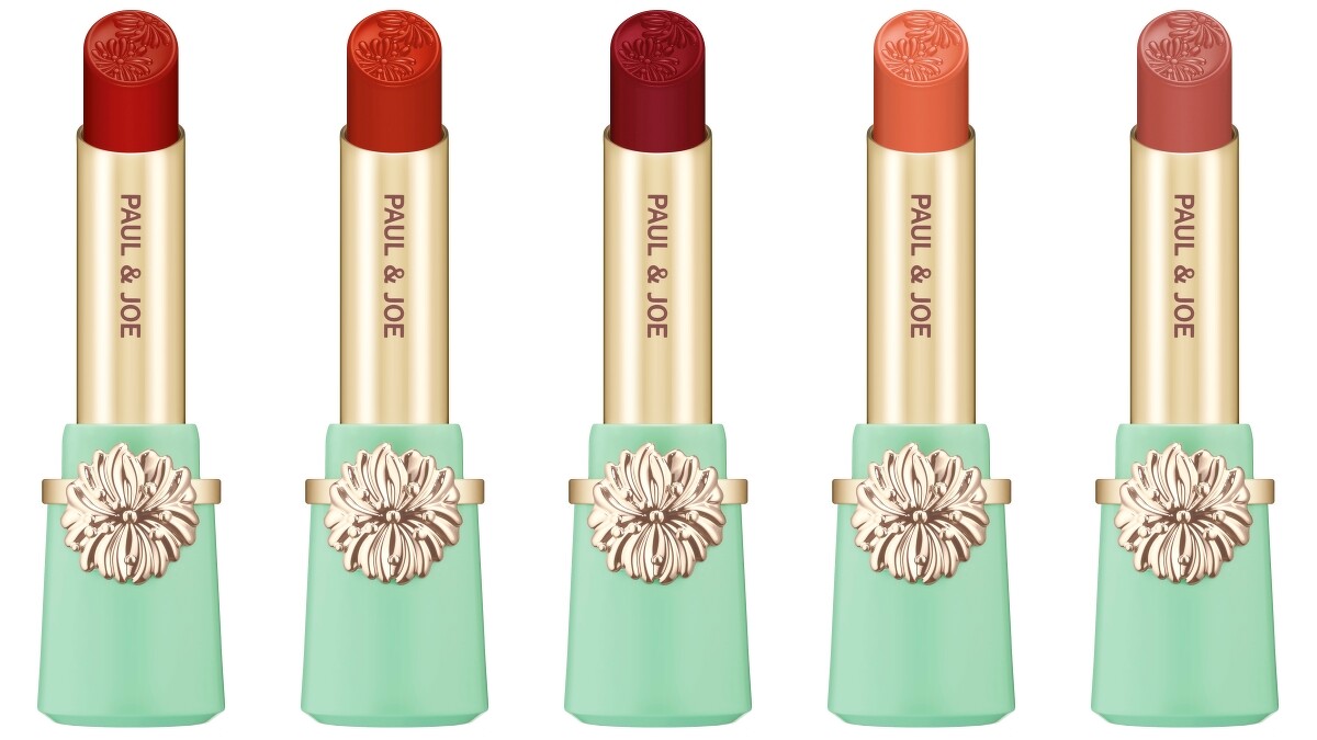 PAUL & JOE西洋菊高光持色唇膏主打色(左起)#04、#08、#11、#14、#16。