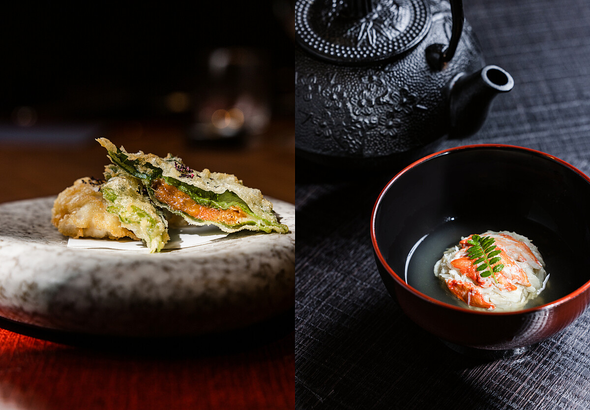 炸紫蘇海膽、松葉蟹真丈湯