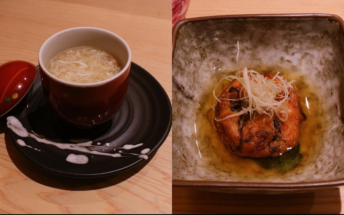 左為蟹肉茶碗蒸，右為飛龍頭。