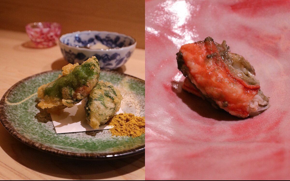 左為鱈場蟹腿肉天婦羅，右為松葉蟹腿涮涮鍋，裹上蟹膏後又是另外一種風味。