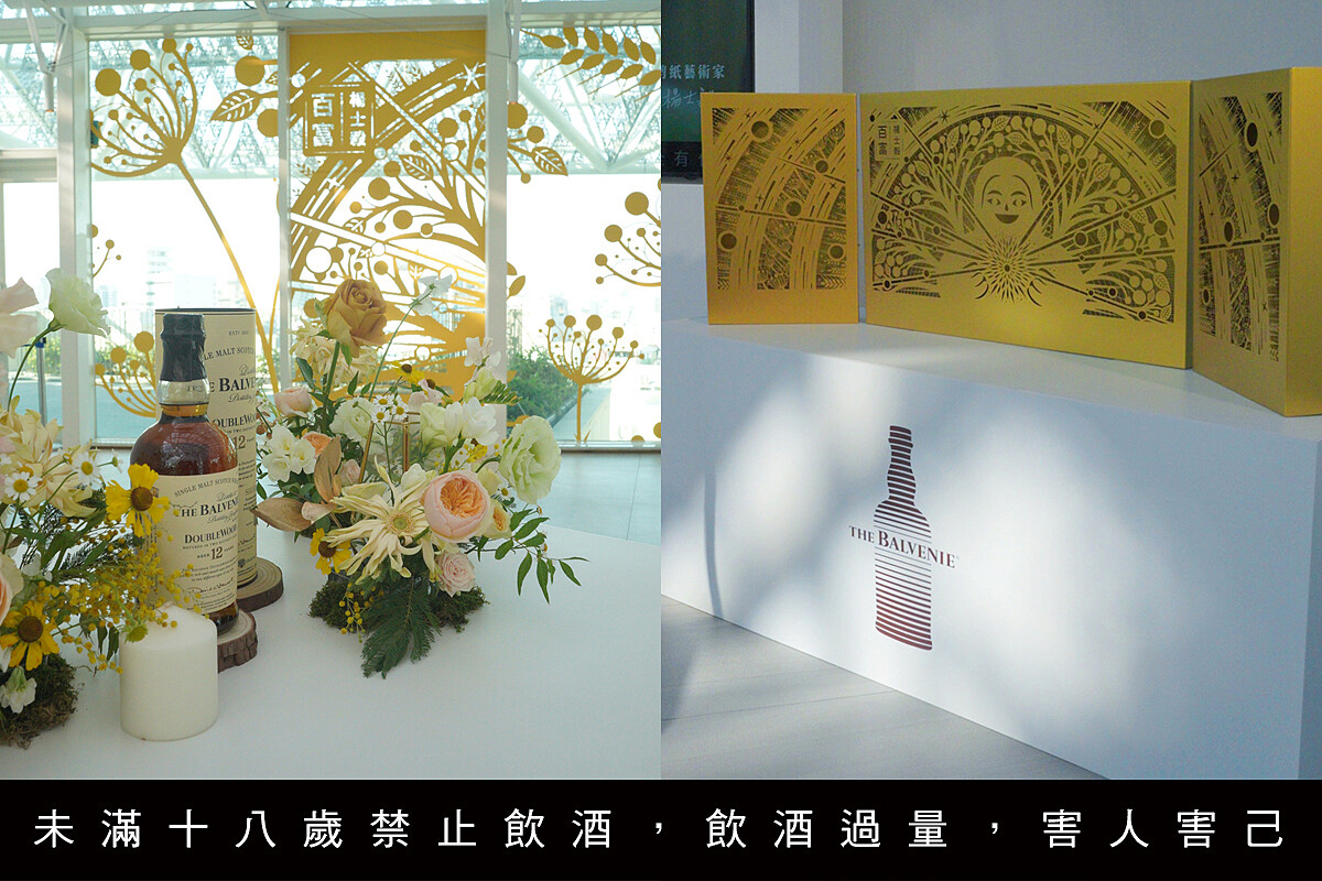 現場也以此次「一心一藝」鮮明活潑的黃色佈置，南美館的玻璃窗上也貼上藝術家創作的圖樣。