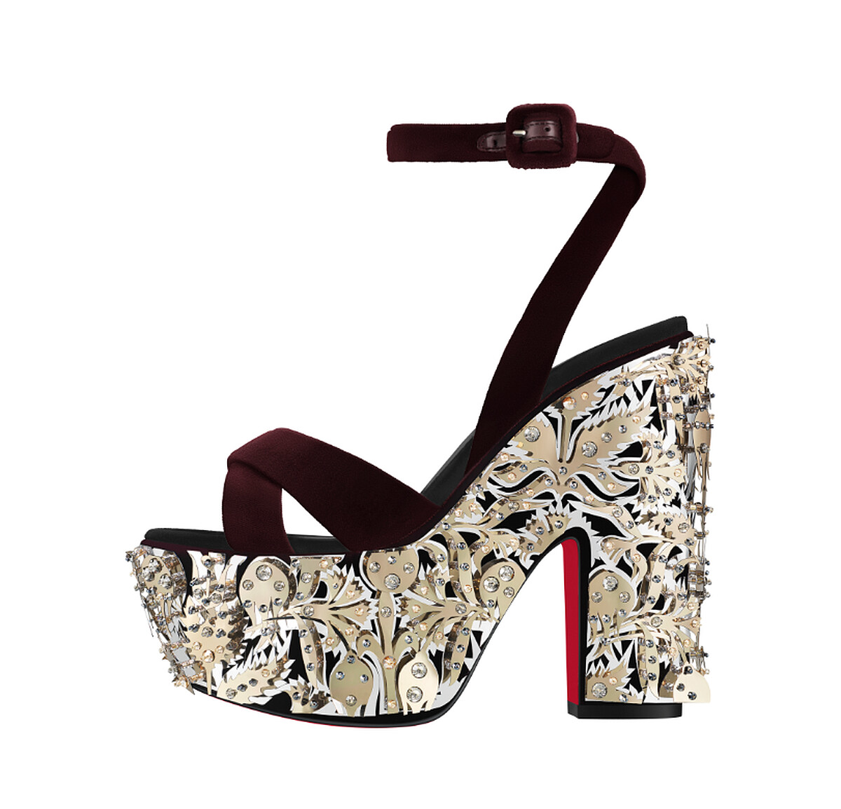 Superyaz 酒紅色絨面金屬鏤空裝飾繫帶厚底涼鞋，NT303,300。