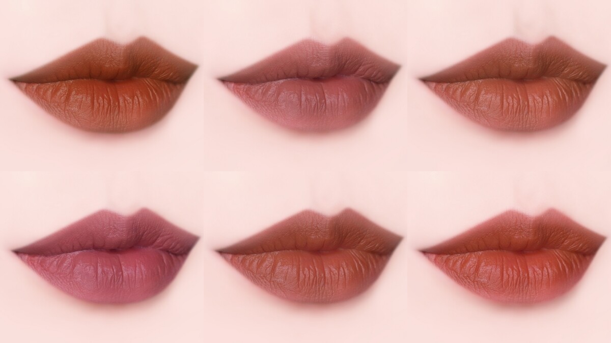 Maybelline媚比琳煙燻柔霧奶霜唇膏2023新色唇部實擦示意,(上排左起)#288、#488、#888、#988、#1188、#1288。