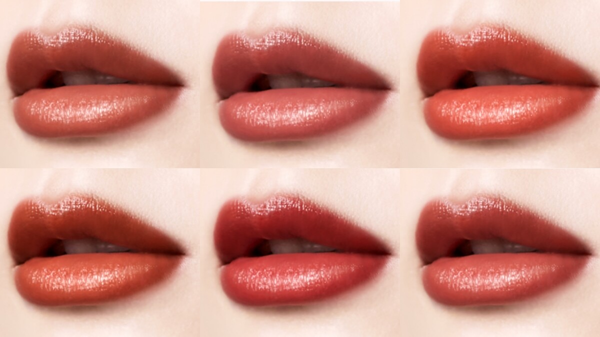 1028唇迷心竅潤萃唇膏唇部實擦示意,(上排左起)#501、#502、#50、#504、#50、#506。