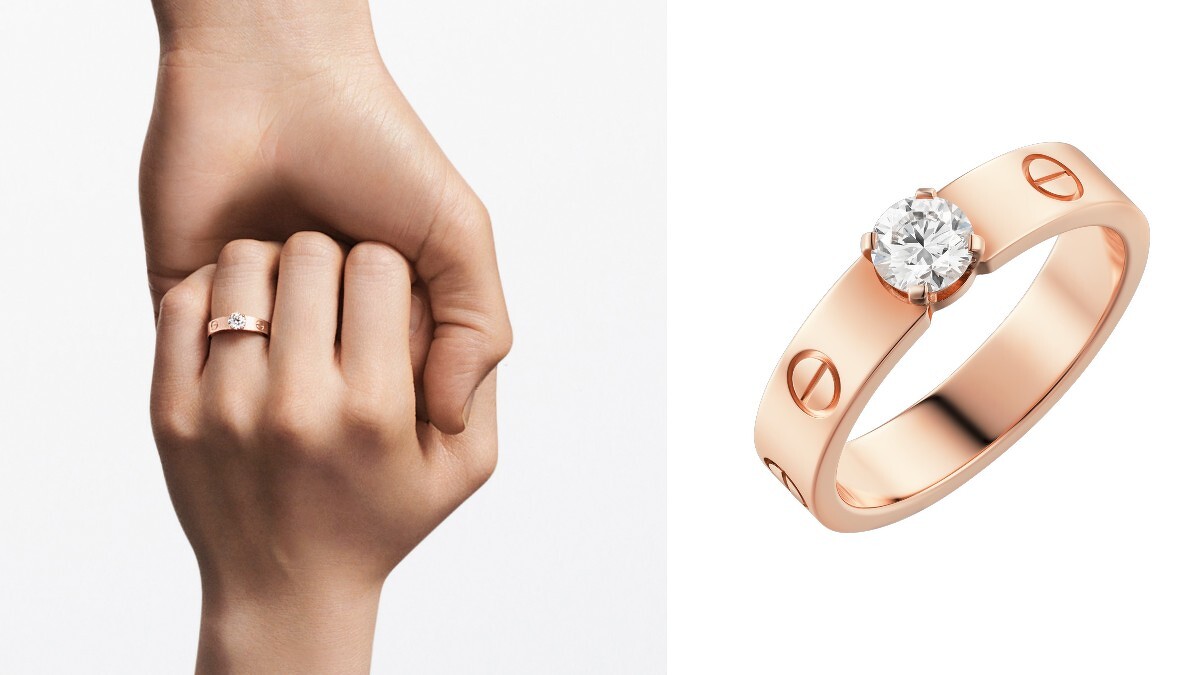 LOVE系列玫瑰金鑽石戒指。