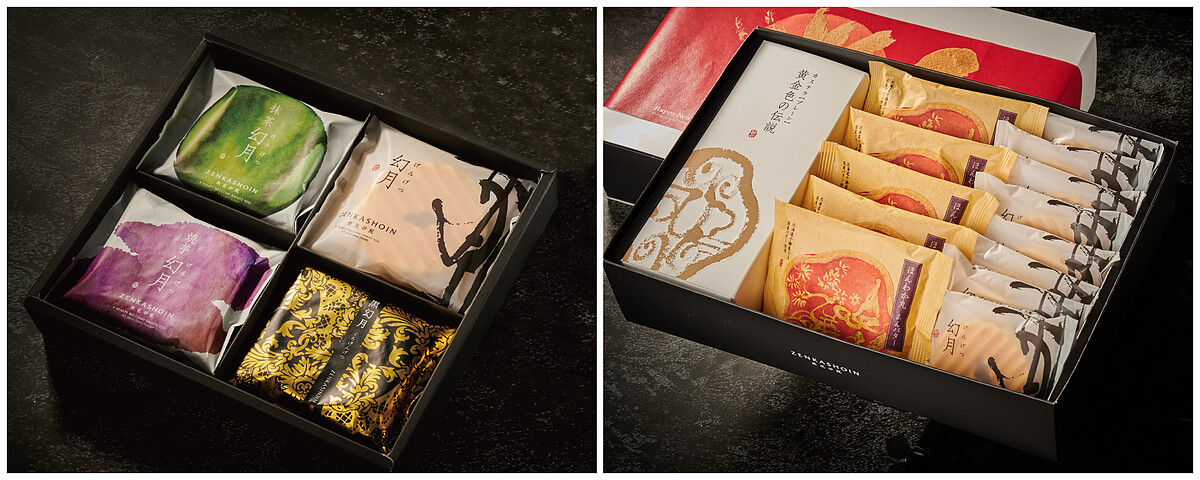  綵月（圖左，原味幻月&times;2、抹茶幻月&times;2、燒芋幻月&times;2、黑幻月&times;2）、禧兔迎春（圖右，原味長崎蛋糕&times;1、奶油銅鑼燒&times;5、原味幻月&times;8）