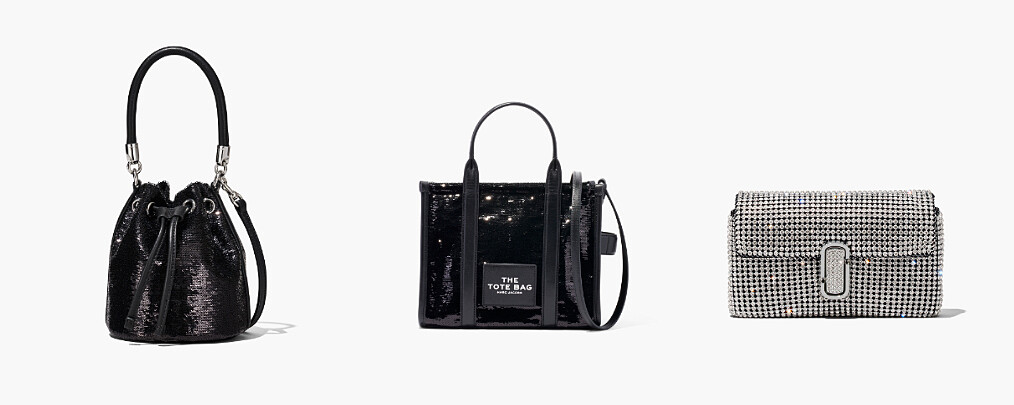 (左)曜石黑亮片刺繡The Bucket水桶包(迷你) NTD 13,900，(中)曜石黑亮片刺繡The Tote Bag托特包(迷你) NTD 13,900，(右)水晶鑲嵌The J Marc 肩揹包 NTD 21,900。