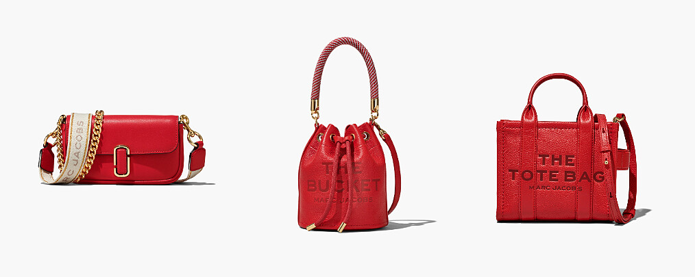 (左)開運紅The J Marc 肩揹包(小) NTD 13,900，(中)開運紅牛皮The Bucket水桶包(小) NTD 18,900，(右)開運紅The Tote Bag托特包(迷你) NTD 16,900。