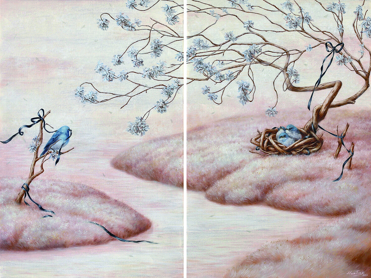 傳承藝術中心蔡函庭《木的守護‧6：這裡，等你》油畫，80&times;106cm，2022年。